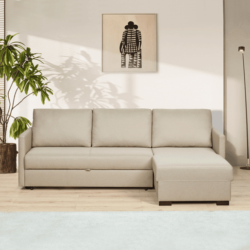 Lourini® Sofá Justin, Bege, de Três Lugares com Chaise Longue e Cama Lourini® Sofá Justin, Bege, de Três Lugares com Chaise Longue e Cama