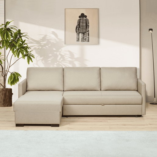 Lourini® Sofá Justin, Bege, de Três Lugares com Chaise Longue e Cama Lourini® Sofá Justin, Bege, de Três Lugares com Chaise Longue e Cama