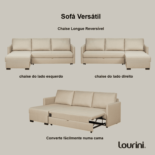 Lourini® Sofá Justin, Bege, de Três Lugares com Chaise Longue e Cama Lourini® Sofá Justin, Bege, de Três Lugares com Chaise Longue e Cama