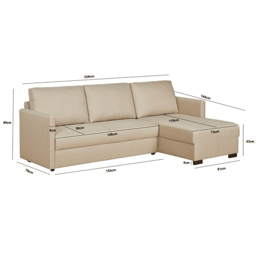 Lourini® Sofá Roma, Bege, de Três Lugares com Chaise Longue Reversível