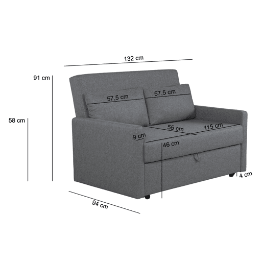 Lourini® Sofá Soria, Cinza, de Dois Lugares com Cama Elevatória Lourini® Sofá Soria, Cinza, de Dois Lugares com Cama Elevatória