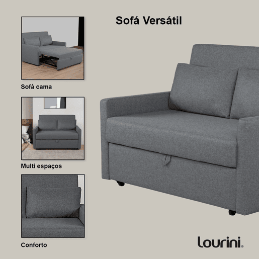 Lourini® Sofá Soria, Cinza, de Dois Lugares com Cama Elevatória Lourini® Sofá Soria, Cinza, de Dois Lugares com Cama Elevatória