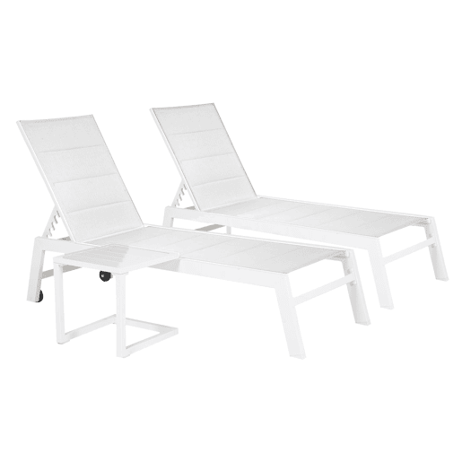 Conjunto de 2 espreguiçadeiras BARBADOS em textilene branco e mesa de apoio - alumínio branco