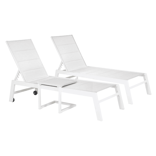 Conjunto de 2 espreguiçadeiras BARBADOS em textilene branco e mesa de apoio - alumínio branco