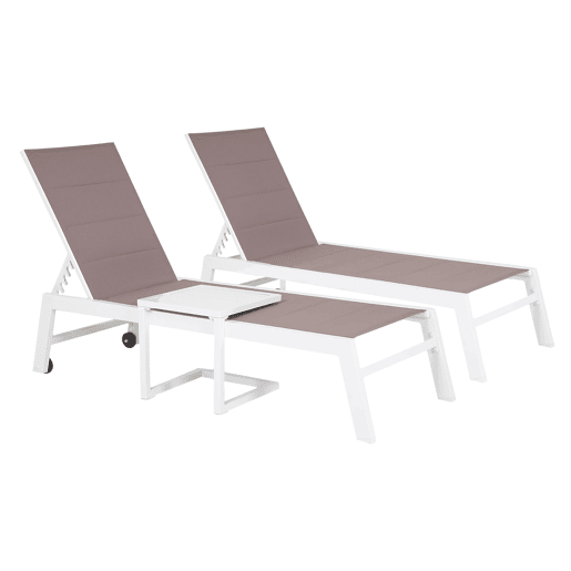 Conjunto de 2 espreguiçadeiras e mesa de apoio BARBADOS em textilene taupe - alumínio branco