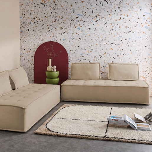 Sofá modular em tecido estofado de 4 lugares, Dao, Beige, 180x90x78 cm