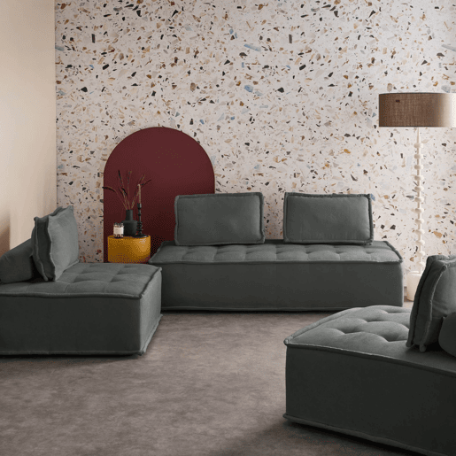 Conjunto de poltronas para sofá modular em tecido estofado, 4 lugares, Dao, Cinza escuro, 180x90x78 cm