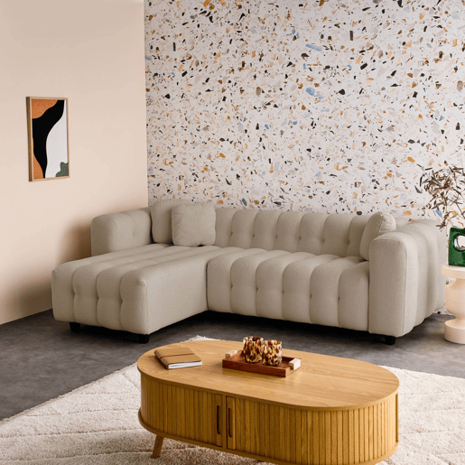 Sofá de canto reversível, tecido boucle texturado, Leon boucle, Beige, 247x167x71 cm