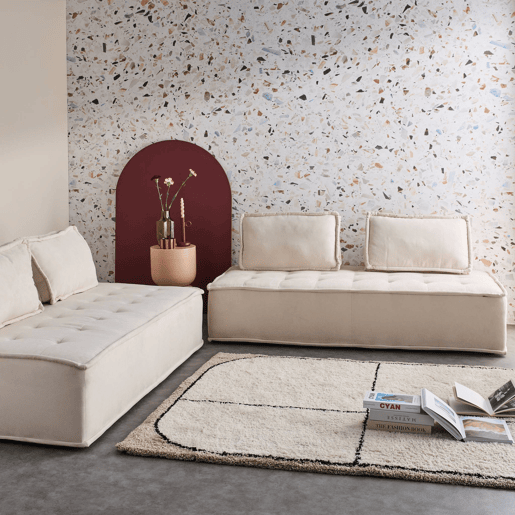 Sofá modular em tecido estofado de 4 lugares, Dao, Creme, 180x90x78 cm