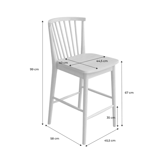 Banco alto de cozinha em madeira de seringueira, set de 2, Paula, Natural, 48x58x98.5 cm