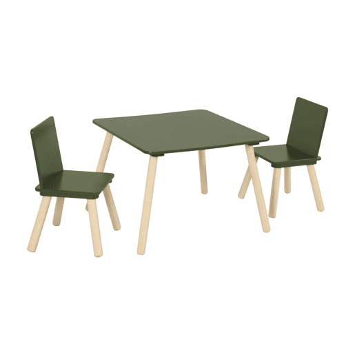 Mesa quadrada criança madeira de pinho 2 cadeiras, Judith, Verde oliva, 60x60x44 cm