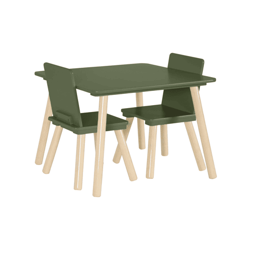 Mesa quadrada criança madeira de pinho 2 cadeiras, Judith, Verde oliva, 60x60x44 cm
