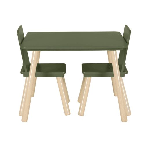 Mesa quadrada criança madeira de pinho 2 cadeiras, Judith, Verde oliva, 60x60x44 cm
