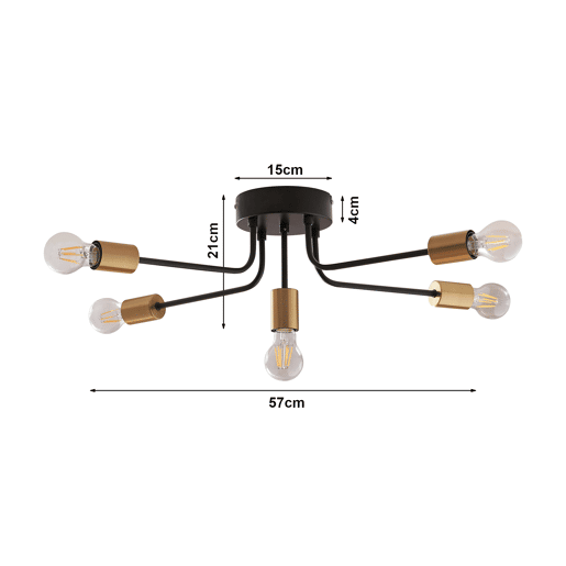 Candeeiro de teto Benfleet 5xE27 altura 21 cm pretolatão colorido lux.pro