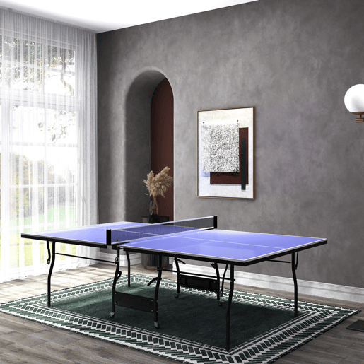 SPORTNOW Mesa de Ping Pong Dobrável Mesa de Ping Pong Profissional de Tamanho Padrão com Rodas Inclui 2 Raquetes e 3 Bolas para Interior 274x152,5x76 cm Azul
