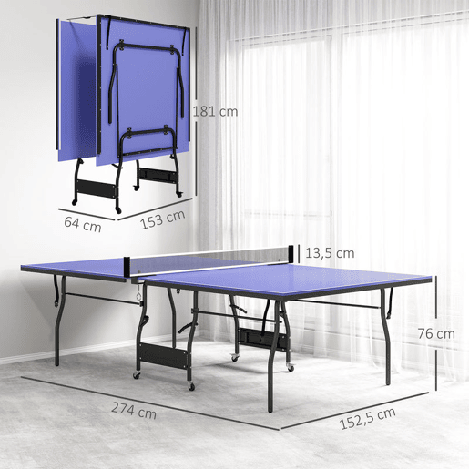 SPORTNOW Mesa de Ping Pong Dobrável Mesa de Ping Pong Profissional de Tamanho Padrão com Rodas Inclui 2 Raquetes e 3 Bolas para Interior 274x152,5x76 cm Azul