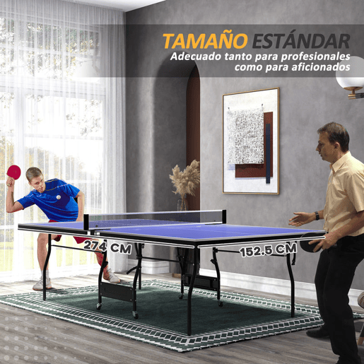 SPORTNOW Mesa de Ping Pong Dobrável Mesa de Ping Pong Profissional de Tamanho Padrão com Rodas Inclui 2 Raquetes e 3 Bolas para Interior 274x152,5x76 cm Azul