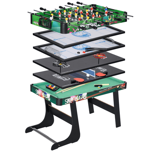 HOMCOM Mesa Multijogos 6 em 1 Dobrável para Crianças a Partir dos 7 Anos Mesa de Jogos Bilhar Matraquilhos Ping Pong Cesto de Lançamento Hóquei no Gelo Air Hockey 118x104x71 cm Multicolor