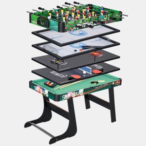 HOMCOM Mesa Multijogos 6 em 1 Dobrável para Crianças a Partir dos 7 Anos Mesa de Jogos Bilhar Matraquilhos Ping Pong Cesto de Lançamento Hóquei no Gelo Air Hockey 118x104x71 cm Multicolor