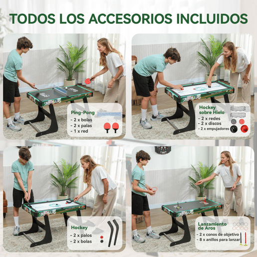 HOMCOM Mesa Multijogos 6 em 1 Dobrável para Crianças a Partir dos 7 Anos Mesa de Jogos Bilhar Matraquilhos Ping Pong Cesto de Lançamento Hóquei no Gelo Air Hockey 118x104x71 cm Multicolor