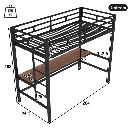 Cama alta 90x200 cm - Com grade, escada, mesa com USB e tomada, faixa de luz com controle por app, com luzes LED, em conformidade com a norma EN747 - Preto