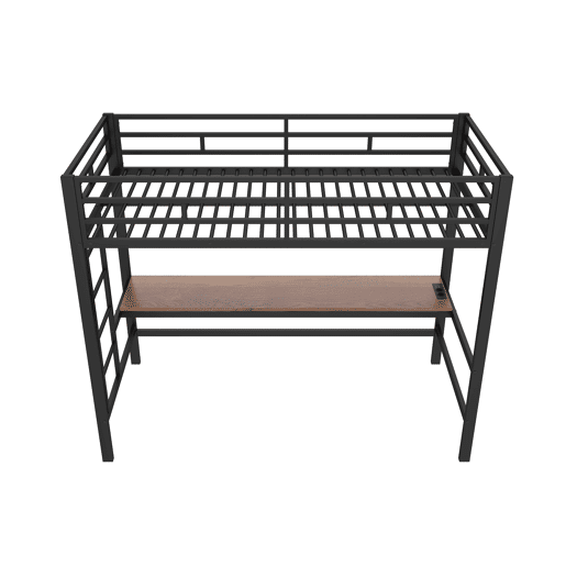 Cama alta 90x200 cm - Com grade, escada, mesa com USB e tomada, faixa de luz com controle por app, com luzes LED, em conformidade com a norma EN747 - Preto