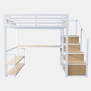 Cama alta 140x200 cm - Cama metálica com escada de arrumação, prateleiras e mesa, design de barreira de segurança com ripas de metal, estrutura de ferro para suporte estável - Branco