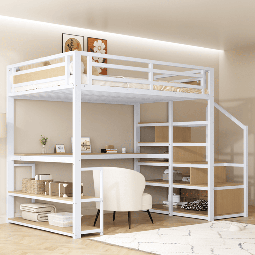 Cama alta 140x200 cm - Cama metálica com escada de arrumação, prateleiras e mesa, design de barreira de segurança com ripas de metal, estrutura de ferro para suporte estável - Branco