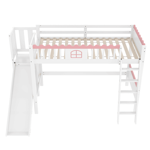 Cama alta infantil 90x200 - Com LED, prateleiras, escorregador, certificado EN747 - Branco