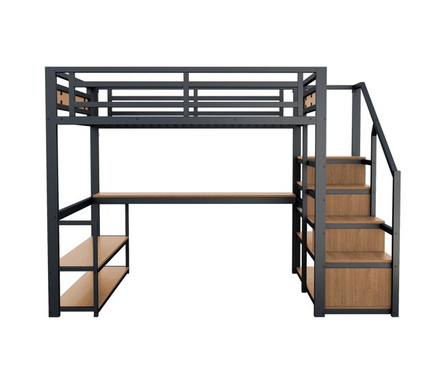 Cama alta de metal 140x200 - cama con escalera de almacenamiento, estantes y mesa, diseño con barandillas de seguridad y tablas de metal, estructura