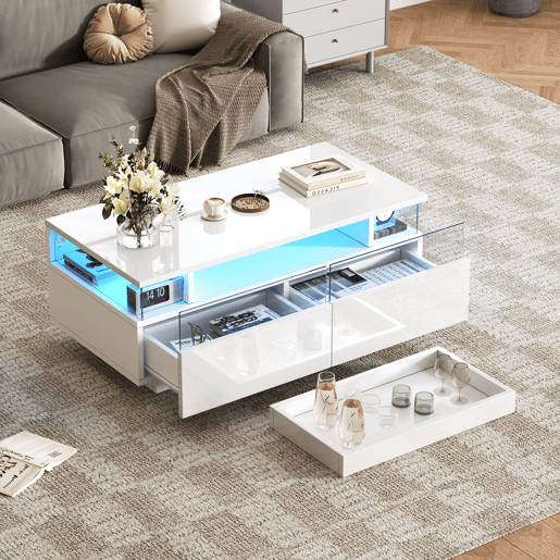 Mesa de centro 90 x 45 x 35,5 cm - com bandeja, 2 gavetas, vidro temperado, luz LED - branco