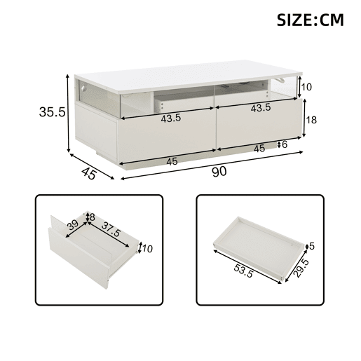 Mesa de centro 90 x 45 x 35,5 cm - com bandeja, 2 gavetas, vidro temperado, luz LED - branco