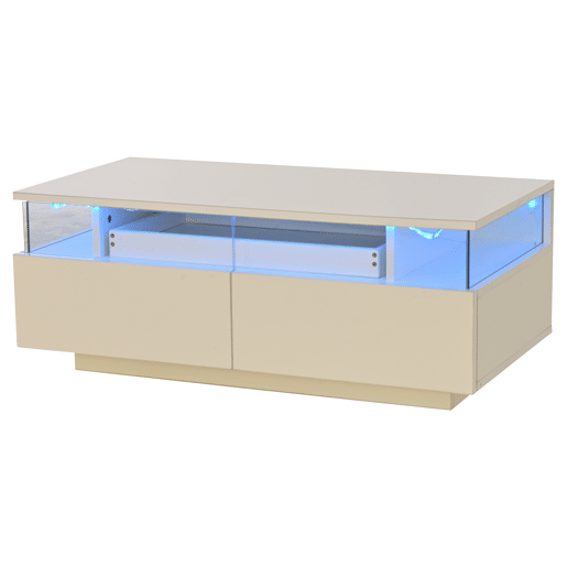 Mesa de centro 90 x 45 x 35,5 cm - com bandeja, 2 gavetas, vidro temperado, luz LED - branco
