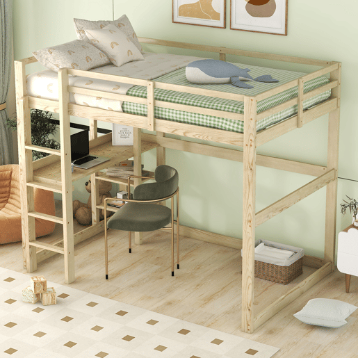 Cama alta infantil 140x200 cm - Estrutura com arrumação, 4 prateleiras e secretária - Natural
