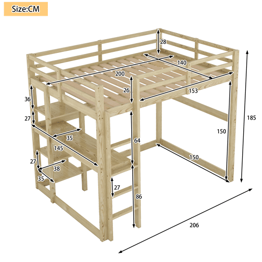 Cama alta infantil 140x200 cm - Estrutura com arrumação, 4 prateleiras e secretária - Natural
