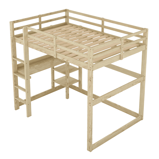 Cama alta infantil 140x200 cm - Estrutura com arrumação, 4 prateleiras e secretária - Natural