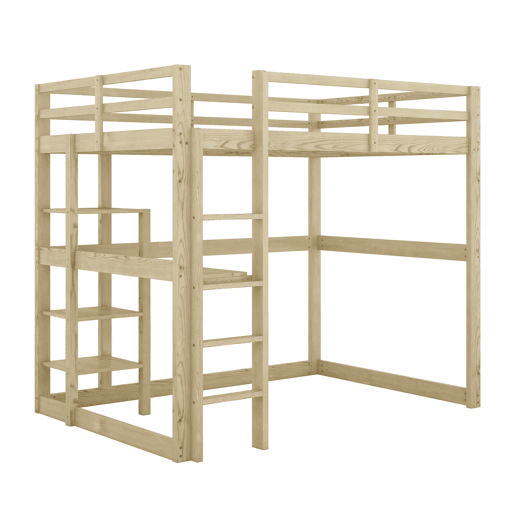 Cama alta infantil 140x200 cm - Estrutura com arrumação, 4 prateleiras e secretária - Natural