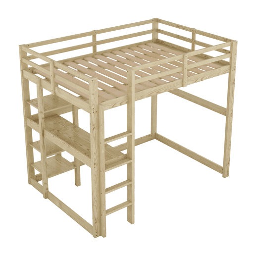 Cama alta infantil 140x200 cm - Estrutura com arrumação, 4 prateleiras e secretária - Natural