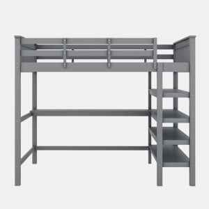 Cama alta 140x200 - Cama infantil com prateleiras e secretária por baixo - Cinza