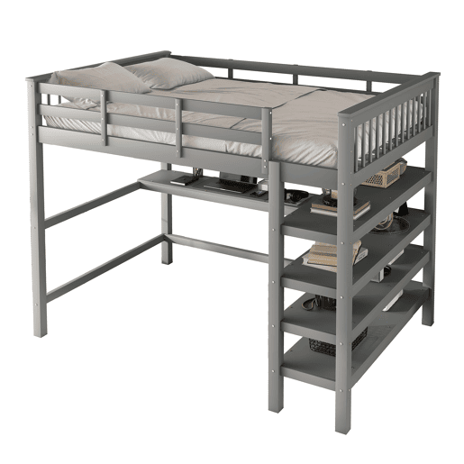 Cama alta 140x200 - Cama infantil com prateleiras e secretária por baixo - Cinza