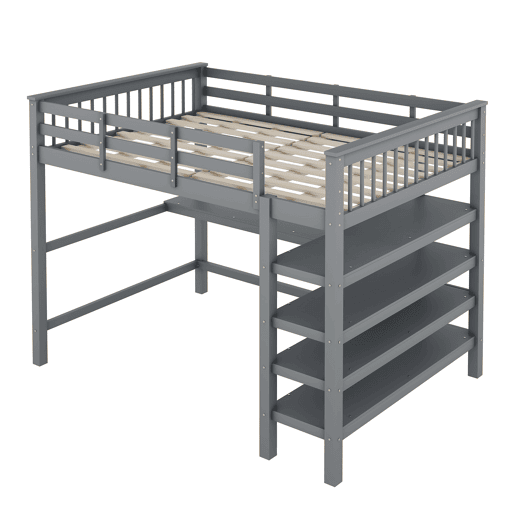 Cama alta 140x200 - Cama infantil com prateleiras e secretária por baixo - Cinza