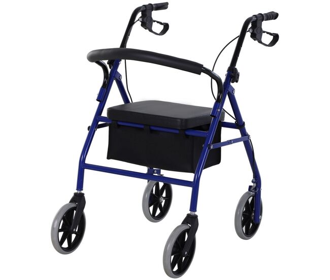 Homcom andador para adultos plegable con almacenaje asiento y frenos 65x53x79-89 cm azul y negro