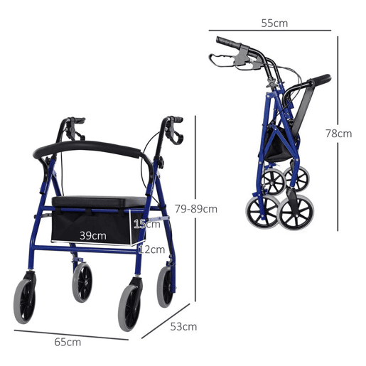 HOMCOM Andador para Adultos Dobrável com Armazenamento Assento e Travão 65x53x79-89cm Azul e Preto