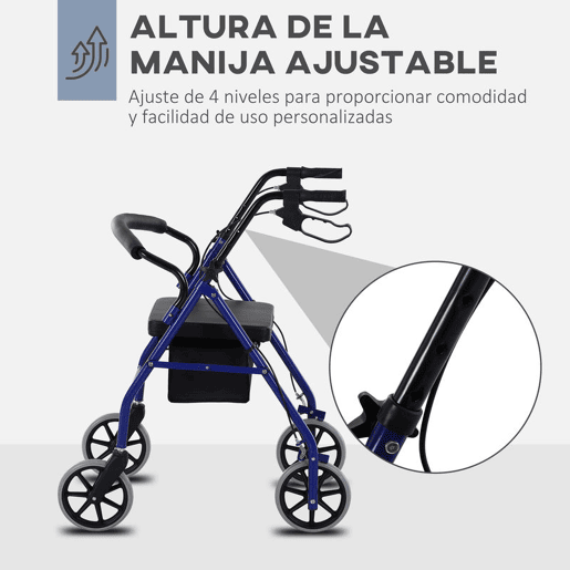 HOMCOM Andador para Adultos Dobrável com Armazenamento Assento e Travão 65x53x79-89cm Azul e Preto