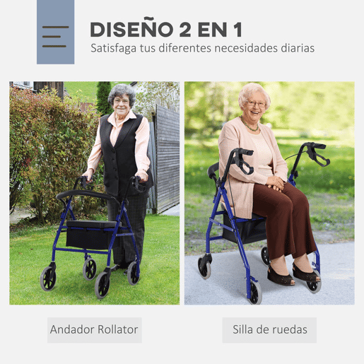 HOMCOM Andador para Adultos Dobrável com Armazenamento Assento e Travão 65x53x79-89cm Azul e Preto