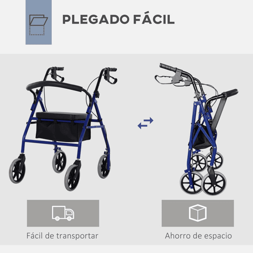 HOMCOM Andador para Adultos Dobrável com Armazenamento Assento e Travão 65x53x79-89cm Azul e Preto