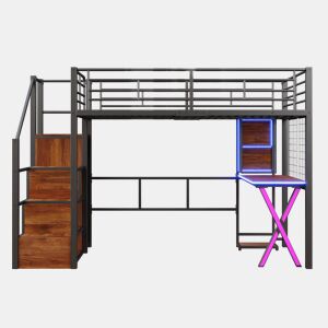Cama alta 90 x 200 cm - com LED, escada com prateleiras, secretária, armário e estantes, sem colchão - preto