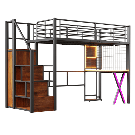 Cama alta 90 x 200 cm - com LED, escada com prateleiras, secretária, armário e estantes, sem colchão - preto