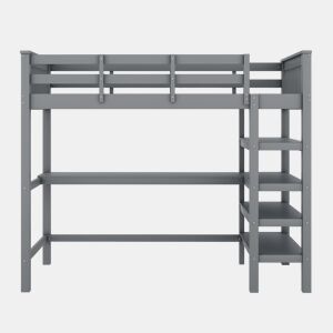 Cama alta 90x200 - Cama infantil com prateleiras e secretária baixa - Cinza