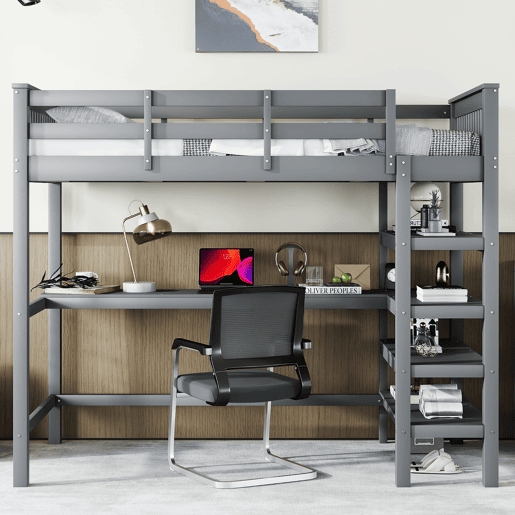 Cama alta 90x200 - Cama infantil com prateleiras e secretária baixa - Cinza Cama alta 90x200 - Cama infantil com prateleiras e secretária baixa - Cinza